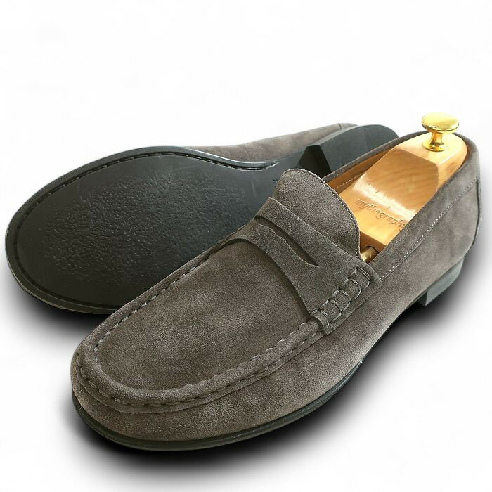 【中古】【新古品・未使用品】BOEMOS ボエモス イタリア製 マッケイ製法 本革 スエードレザー コインローファー 革靴 3189 定価3.5万 グレー 43▲056▼50708k18