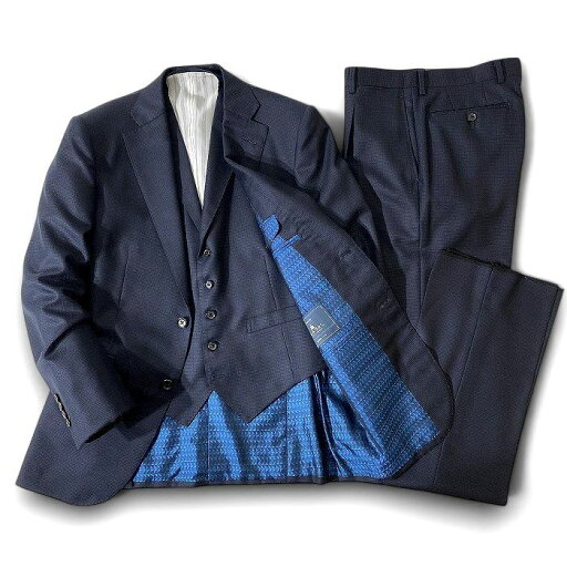 RICHIESTA リキエスタ 大賀 日本製 英国製生地使用 SCABAL SUPER110'sウール ピンドット柄 2B ワンタック 3ピース シングルスーツ ジャケット ベスト パンツ 181C9904 ネイビー A5 ▲074▼41129w06