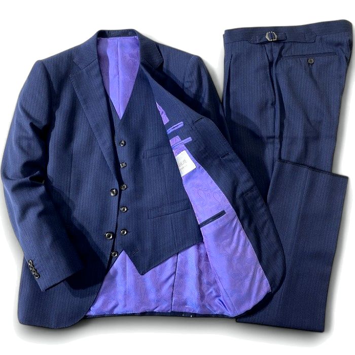 GIVERDYE BEST SELECTION ジバルディ 大賀 日本製 日本製生地使用 御幸毛織 MIYUKITEX ウール ストライプ柄 段返り3B ワンタック 3ピース シングルスーツ ジャケット ベスト ジレ パンツ スラックス 187C8923 メランジネイビー ブラック D7-46 ▲074▼50117w03