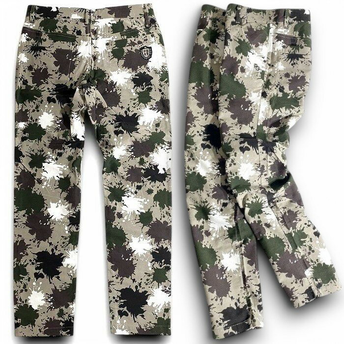 【中古】【新古品・未使用品】PEARLY GATES パーリーゲイツ ゴルフ コットン混 微起毛 ペイントカモ柄 迷彩柄 ストレッチ ロングパンツ ゴルフウェア 053-2131009 定価3.1万 ミックスカーキ ブラック 4-01 5-02 6-03 ▲035▼50226w16