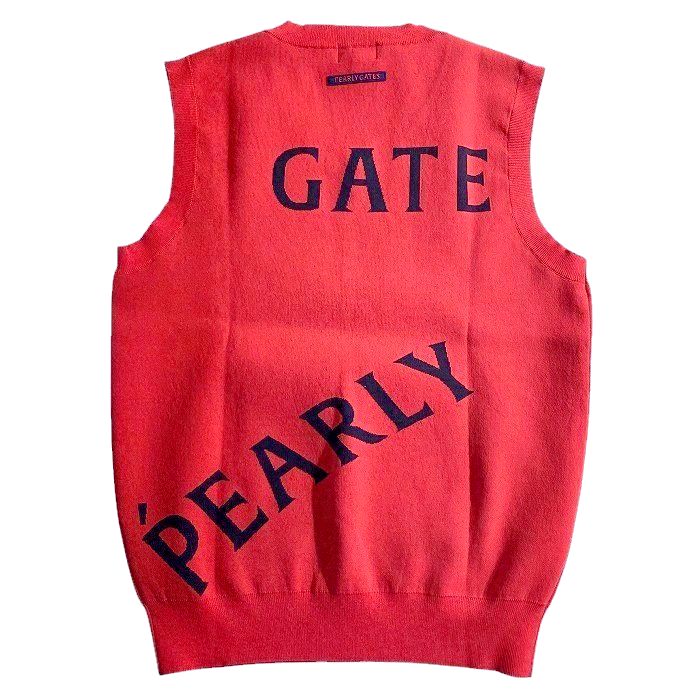 【中古】【新古品・未使用品】PEARLY GATES パーリーゲイツ ゴルフ 吸汗速乾 ローカルポリ メゾンロゴ柄 Vネック ニット ベスト ゴルフウェア 053-2173307 定価2.5万 レッド ネイビー 4-01 5-02 6-03 ▲028▼50219w06