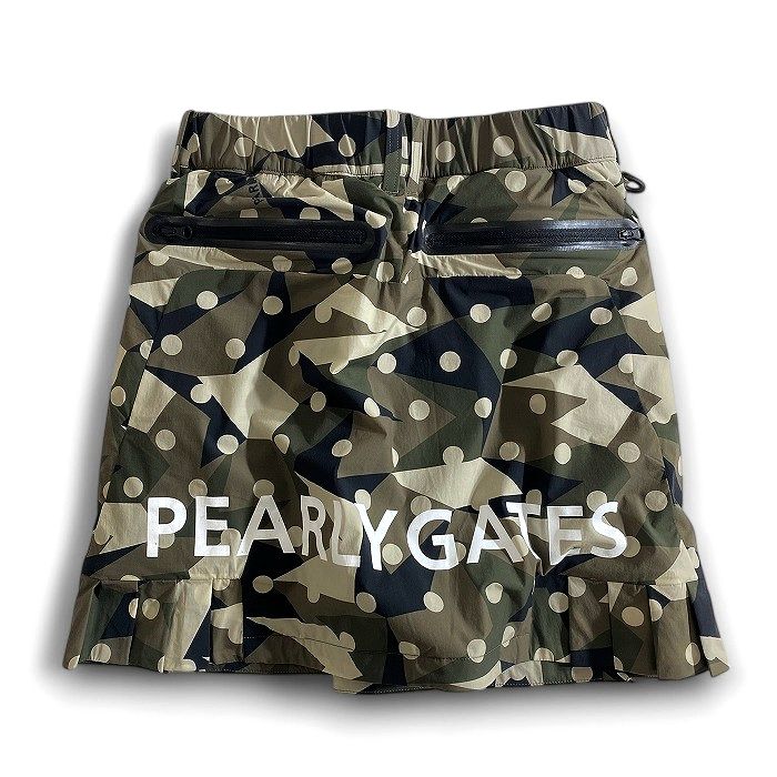 【中古】【新古品・未使用品】PEARLY GATES パーリーゲイツ ゴルフ 高機能素材使用 ストレッチタフタ カモドット柄 迷彩柄 ストレッチ ミニ スカート ゴルフウェア レディース 055-2234104 定価3.6万 オリーブ カーキ ブラック 0-01 1-02 ▲040▼50214w12