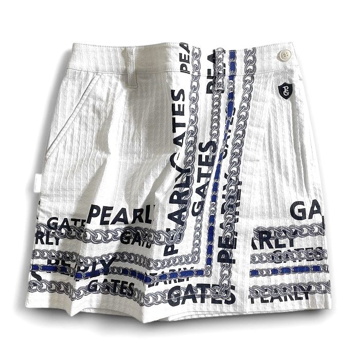 【中古】【新古品・未使用品】PEARLY GATES パーリーゲイツ ゴルフ コットン混 チェーンスカーフ調プリント 総柄 ストレッチ ミニ スカート ゴルフウェア レディース 055-2234010 定価3万 ホワイト 0-01 1-02 2-03 ▲034▼50220w10