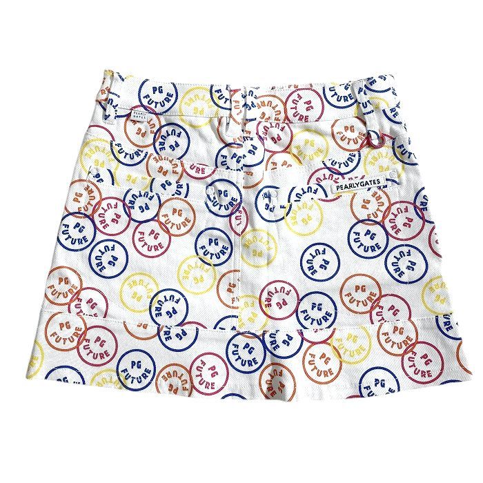 【中古】【新古品・未使用品】PEARLY GATES パーリーゲイツ ゴルフ FUTURE NICO コットン混ツイル ニコちゃん 総柄 パワフルストレッチ ミニ スカート ゴルフウェア レディース 055-2134012 定価2.8万 ホワイト マルチカラー 00-00 0-01 1-02 2-03 ▲032▼50221w06