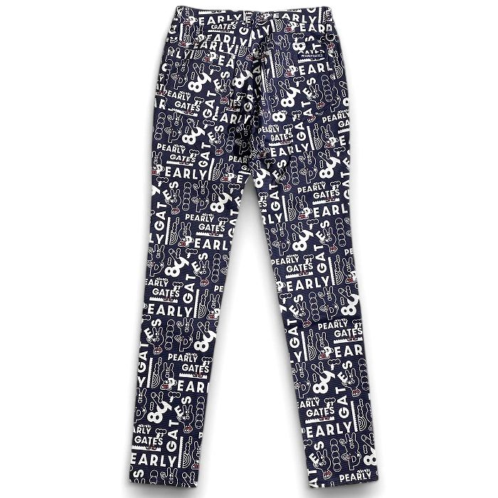 【中古】【新古品・未使用品】PEARLY GATES パーリーゲイツ ゴルフ GRAFFLEX コットン混 グログランどうしちゃったPGプリント 総柄 ストレッチ ロングパンツ ゴルフウェア レディース 055-2231020 定価3.1万 ネイビー 00-00 0-01 1-02 ▲035▼50221w05