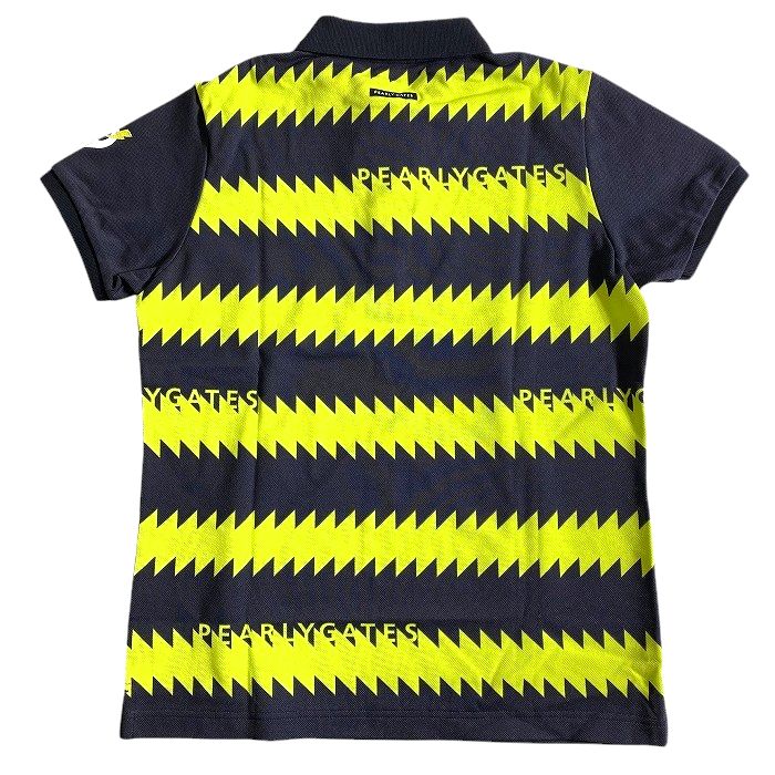 【中古】【新古品・未使用品】PEARLY GATES パーリーゲイツ ゴルフ 日本製 4口カノコ リブ切替 ギザギザボーダー柄 総柄 半袖 ポロシャツ ゴルフウェア レディース 055-2160602 定価2万 ネイビーブラック イエロー 0-01 1-02 2-03 ▲023▼50401w03