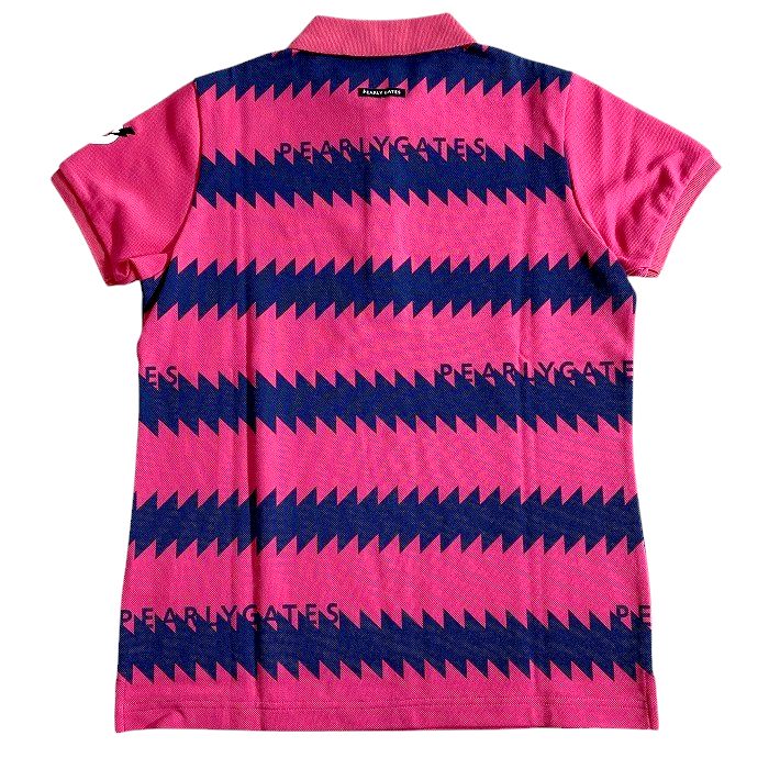 【中古】【新古品・未使用品】PEARLY GATES パーリーゲイツ ゴルフ 日本製 4口カノコ リブ切替 ギザギザボーダー柄 総柄 半袖 ポロシャツ ゴルフウェア レディース 055-2160602 定価2万 ピンクレッド ネイビー 0-01 1-02 2-03 ▲023▼50401w02