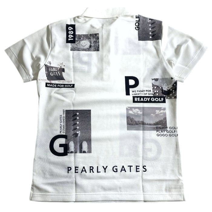 【中古】【新古品・未使用品】PEARLY GATES パーリーゲイツ ゴルフ 3タックインレー フレックスフュージョン フォトプリント ロゴ柄 コラージュ柄 総柄 ストレッチ 半袖 ポロシャツ ゴルフウェア 053-2260909 定価2.3万 ホワイト 4 ▲026▼50521w07
