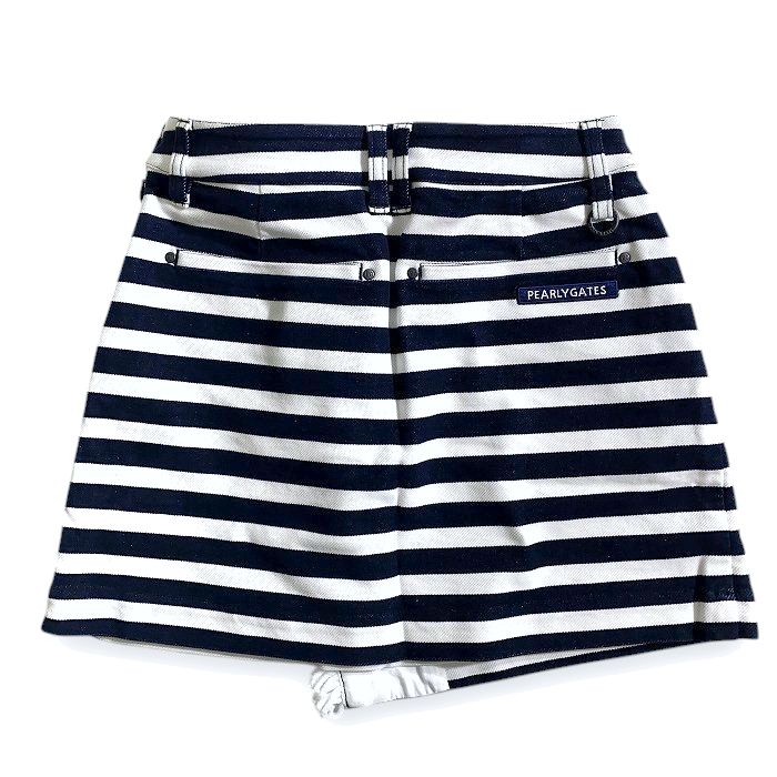 【中古】【新古品・未使用品】PEARLY GATES パーリーゲイツ ゴルフ パワフルコットン モールスキン フリンジ ボーダー柄 総柄 ストレッチ ラップ風 ミニ スカート ゴルフウェア レディース 055-2234114 定価2.8万 ホワイト ダークネイビー 00-00 0-01 1-02 ▲031▼50724w07