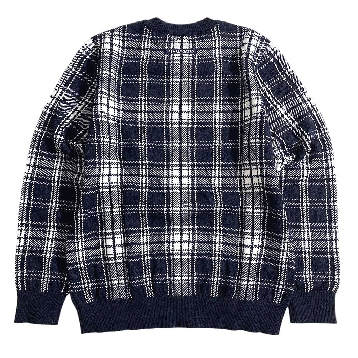 【中古】【新古品・未使用品】PEARLY GATES パーリーゲイツ ゴルフ 日本製 ウール混 ジャガードニット ナバホ×チェック柄 クルーネック 長袖 ニット セーター プルオーバー ゴルフウェア 053-2270113 定価3.7万 ネイビーブラック ホワイト 4-01 5-02 6-03 ▲041▼51008w01