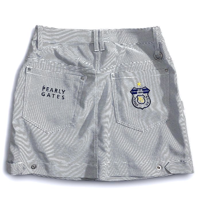 【中古】【新古品・未使用品】PEARLY GATES パーリーゲイツ ゴルフ Peドビー エンブレム刺繍 クリーンポケット ボーダー柄 ストレッチ ミニ スカート ゴルフウェア レディース 055-2234694 定価2.6万 ホワイト ネイビー 00-00 0-01 1-02 2-03 ▲029▼50821w09