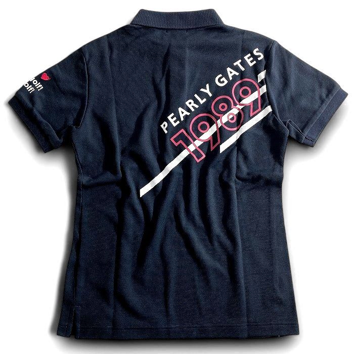 【中古】【新古品・未使用品】PEARLY GATES パーリーゲイツ ゴルフ ソルディフェンダー 吸汗速乾 接触冷感 サーマル ワンポイントロゴ バックプリント ストレッチ 半袖 ポロシャツ ゴルフウェア 053-2160401 定価1.9万 ダークネイビー 3 ▲022▼50902w16