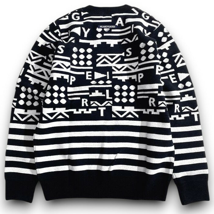 【中古】【新古品・未使用品】PEARLY GATES パーリーゲイツ ゴルフ 12G天竺 ウール混ジャガード WJQ ナバホ×ボーダー柄 クルーネック 長袖 ニットプルオーバー セーター ゴルフウェア 053-2270109 定価3.7万 ネイビーブラック ホワイト 4-01 5-02 6-03 ▲041▼51111w10