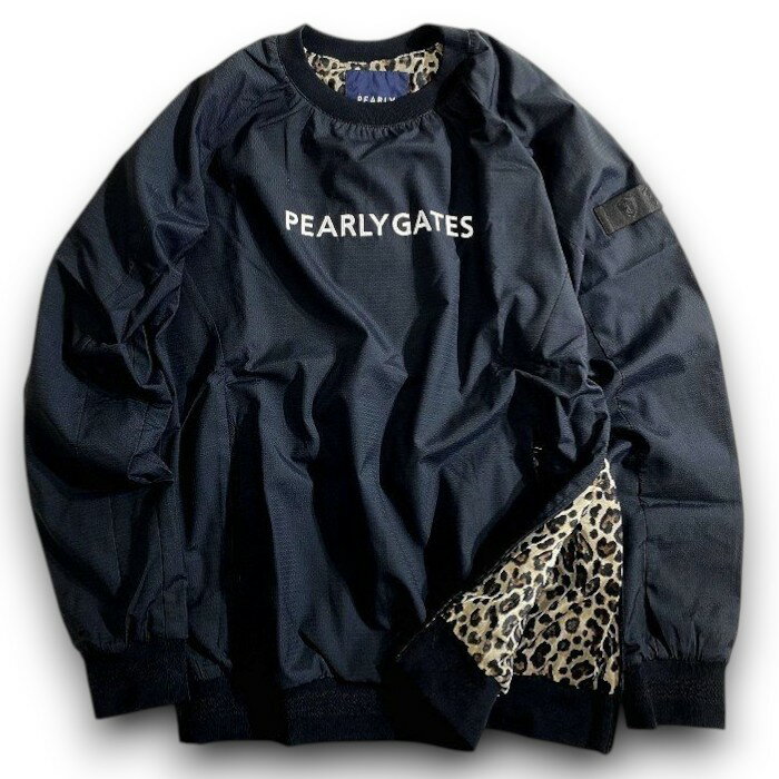 【中古】【新古品・未使用品】PEARLY GATES パーリーゲイツ ゴルフ 撥水×保温×制電 吸光熱変換Thermotron 裏レオパード柄 ストレッチ クルーネック 長袖 スニードジャック プルオーバー ブルゾン ゴルフウェア 053-2221007 定価4.2万 ブラック 4-01 5-02 ▲047▼51107w03