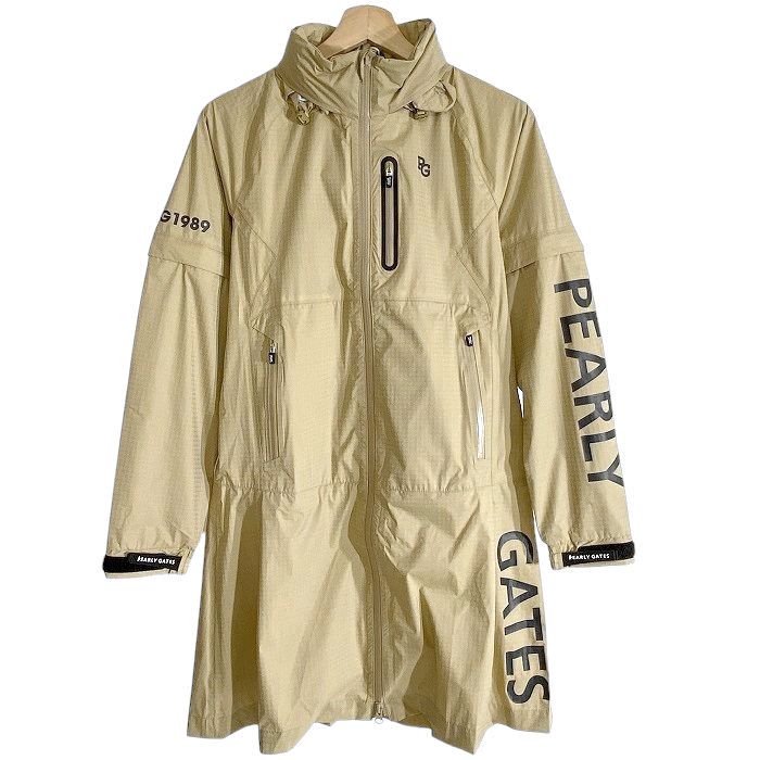 【中古】【新古品・未使用品】PEARLY GATES パーリーゲイツ ゴルフ 撥水×防風 Nyドビー シャドー千鳥柄 ストレッチ 2wayスリーブ ワンピース ロングジャケット レインウェア ゴルフウェア レディース 053-2988306 定価4.6万 ベージュ 0-01 1-02 2-03 ▲051▼51015w12