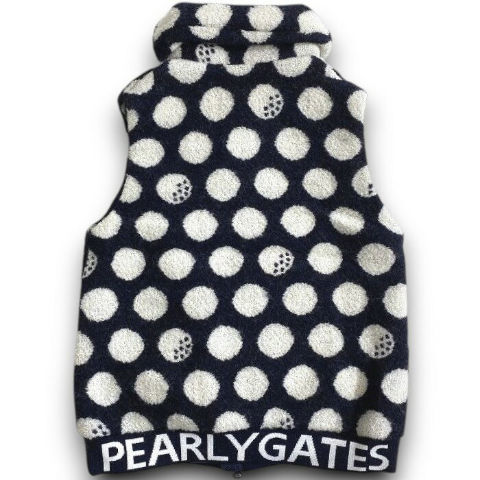 【中古】【新古品・未使用品】PEARLY GATES パーリーゲイツ ゴルフ 軽量保湿素材 THERMOLITE リングチェック BIGドット柄 総柄 ダブルジップ 中綿入り ベスト ゴルフウェア レディース 055-2258108 定価3.8万 ネイビーブラック オフホワイト 0-01 1-02 ▲042▼51021w04