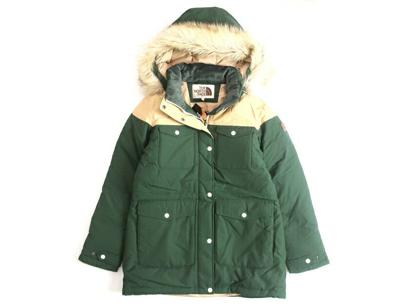 THE NORTH FACE ノースフェイス テフロン加工 UPF40+ 紫外線カット PREMIUM GOOSE DOWN使用 ファー付きフーデッド ダウンジャケット ブルゾン グリーン ベージュ 90(L)/95(XL)▲158▼00219k02