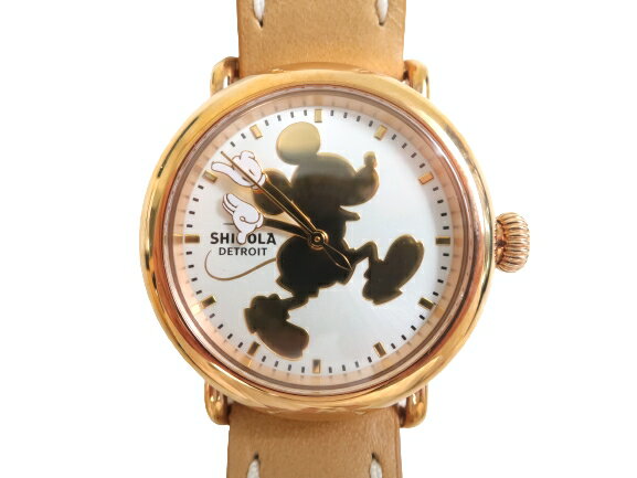 SHINOLA Disney シャイノラ ディズニー USA製 CELEBRATING 90 YEARS OF MICKEY MAGIC ミッキーマウス 誕生90周年 クラシックスコレクション Runwell ランウェル レザーベルト 腕時計 3H 36mm 定14.3万 ゴールド ベージュ▲200▼10405k11