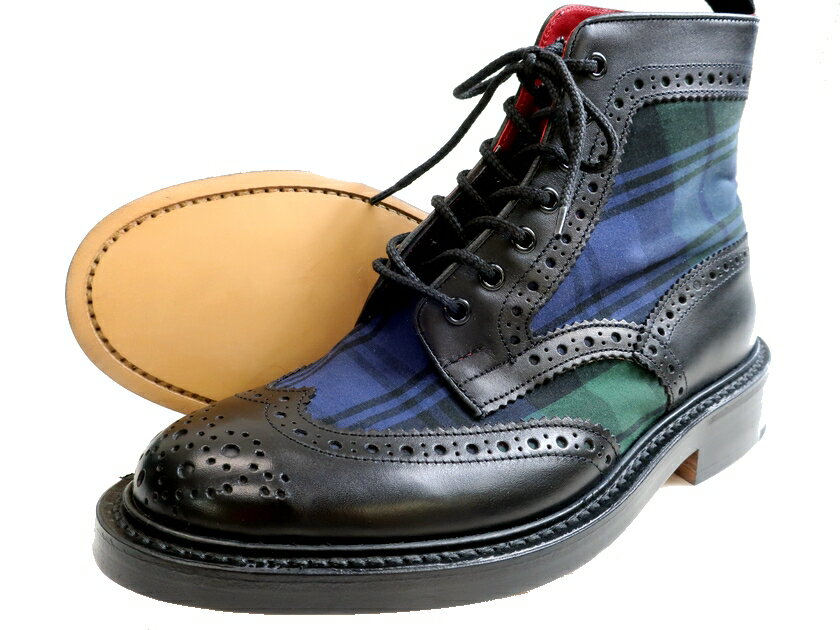 Tricker 039 s トリッカーズ 英国製 グッドイヤーウェルテッド製法 本革 外羽根 MS634 MENS TWO TONE BLOGUE BOOTS チェック切替 ブローグ ウイングチップ レザー ブーツ 革靴 定6.6万 ブラック ネイビー グリーン 6-01 6.5-02 7-03 7.5-04 8-05▲130▼10607k12