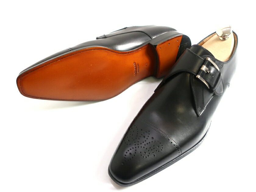 MAGNANNI マグナーニ モンクストラップ ストレートチップ メダリオン 本革 レザーシューズ 革靴 ブラック 41▲300▼00225a10