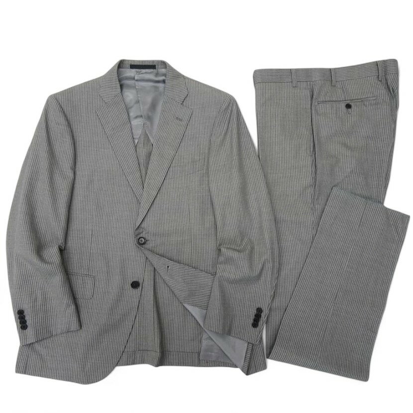 【中古】【新古品・未使用品】GIVERDYE best selection ジバルディ ウール100% ストライプ柄 2B ノータック シングルスーツ ジャケット パンツ スラックス 425A5461 グレー AB4 ▲050▼20120r07
