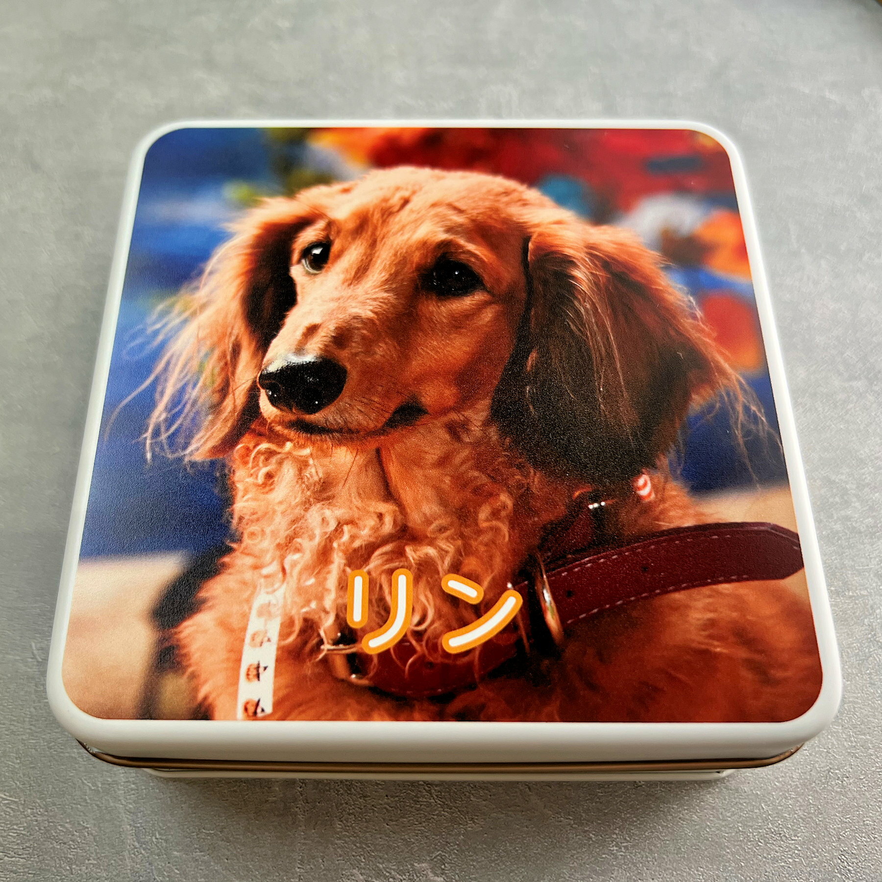 プレゼント缶　キャンデー缶【写真入り　ケース　おやつ　お菓子入れ　犬　猫　オリジナル　プレゼント　フォトプリント　誕生日　ホワイトデー　バレンライン　母の日　父の日　記念日　卒業　出産　子供　結婚式　出産　お孫さん　ペット】