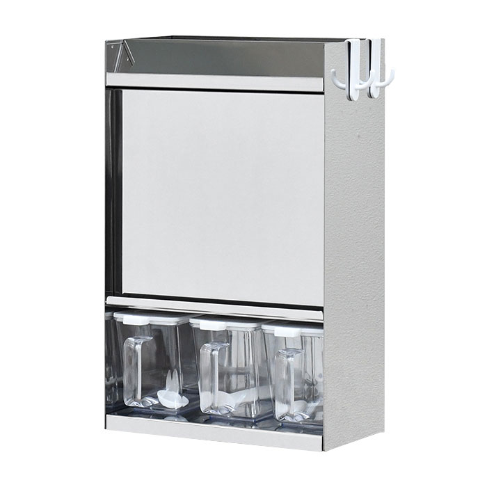 フラップ扉のステンレススパイスラック ポット3 A153【日本製 調味料ラック 扉付き 調味料ストッカー 省スペース レシピスタンド 調味料ポット 調味料収納 足立製作所】