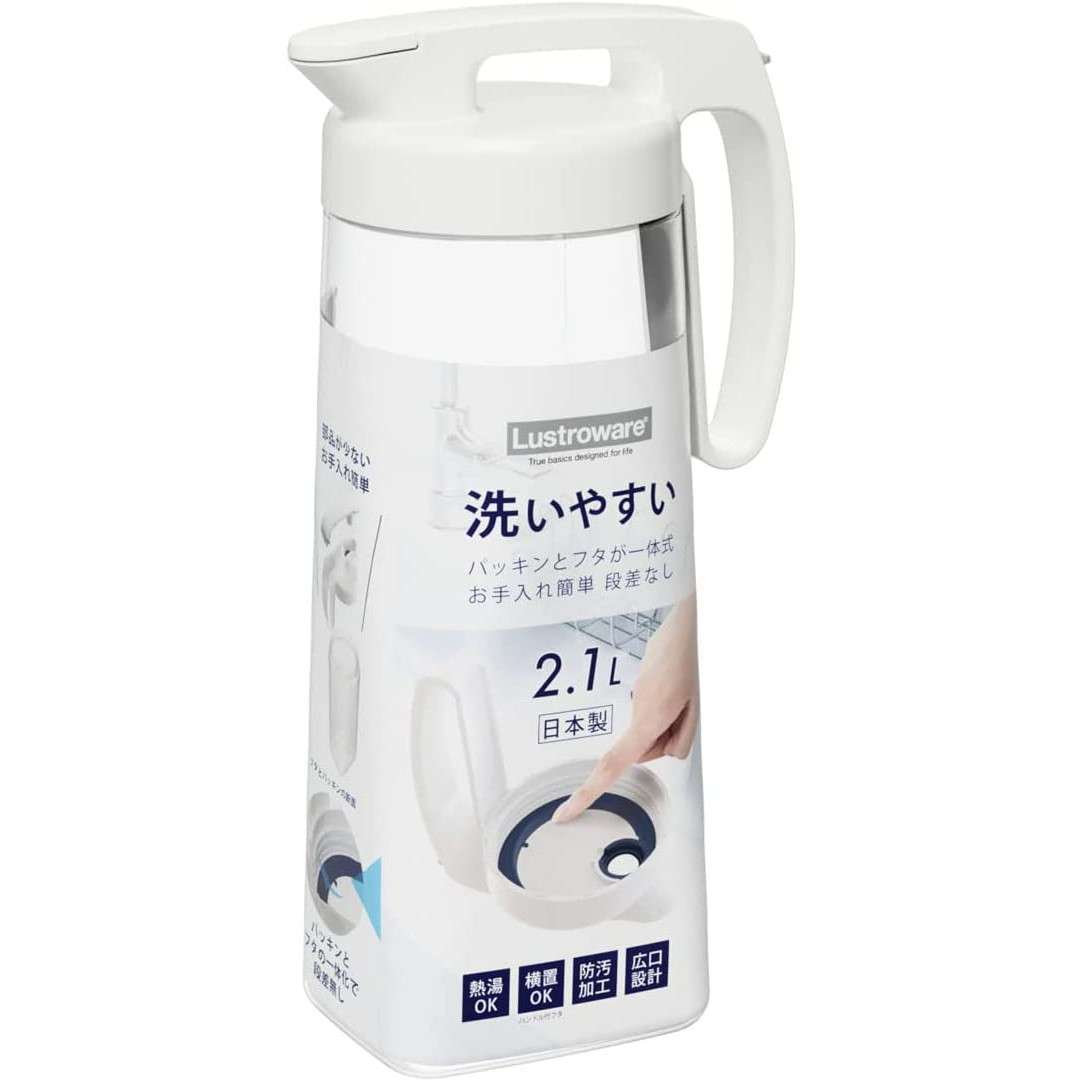 タテヨコ・ワンプッシュピッチャー 3L ホワイト K-1289WH【耐熱 横置き 洗いやすい 冷水筒 麦茶入れ ジャグ 広口】