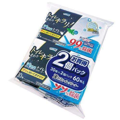 クリンクル 流せるトイレクリーナー 30枚入/2個パック LD-624【ウェットシート トイレ掃除 使い捨て 除菌 流せる 容器不要】