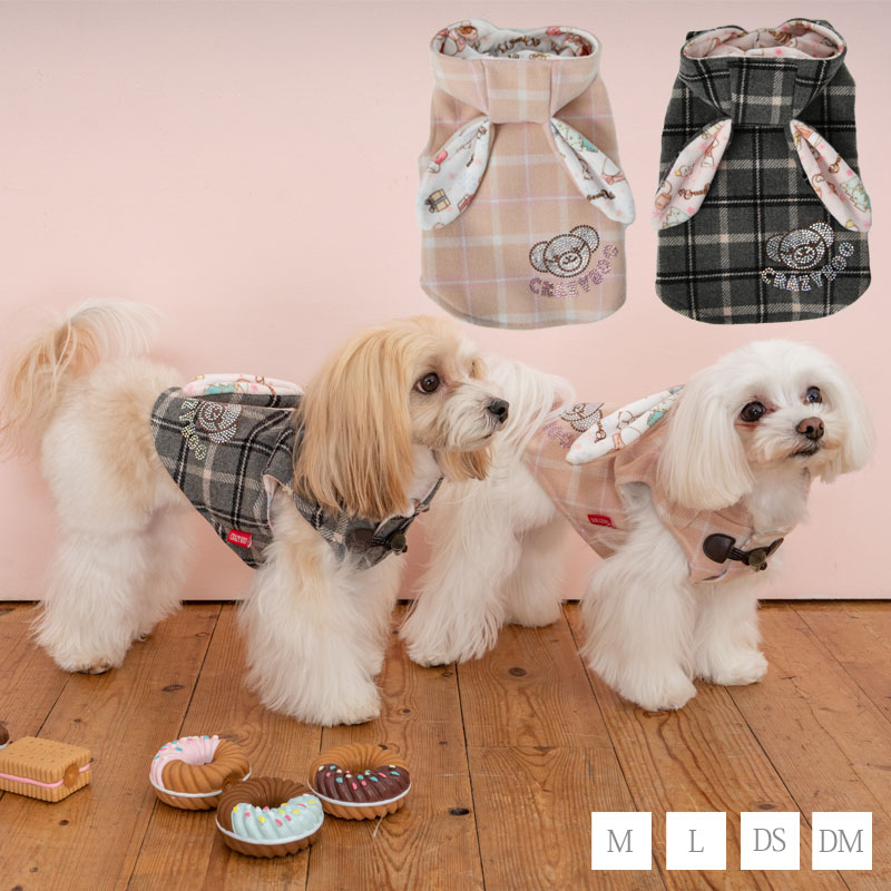 うさ耳チェック柄コート M/L/DS/DM CRAZYBOO -クレイジーブー- 犬服 ドッグウェア トイプードル チワワ ポメラニアン CB22AW