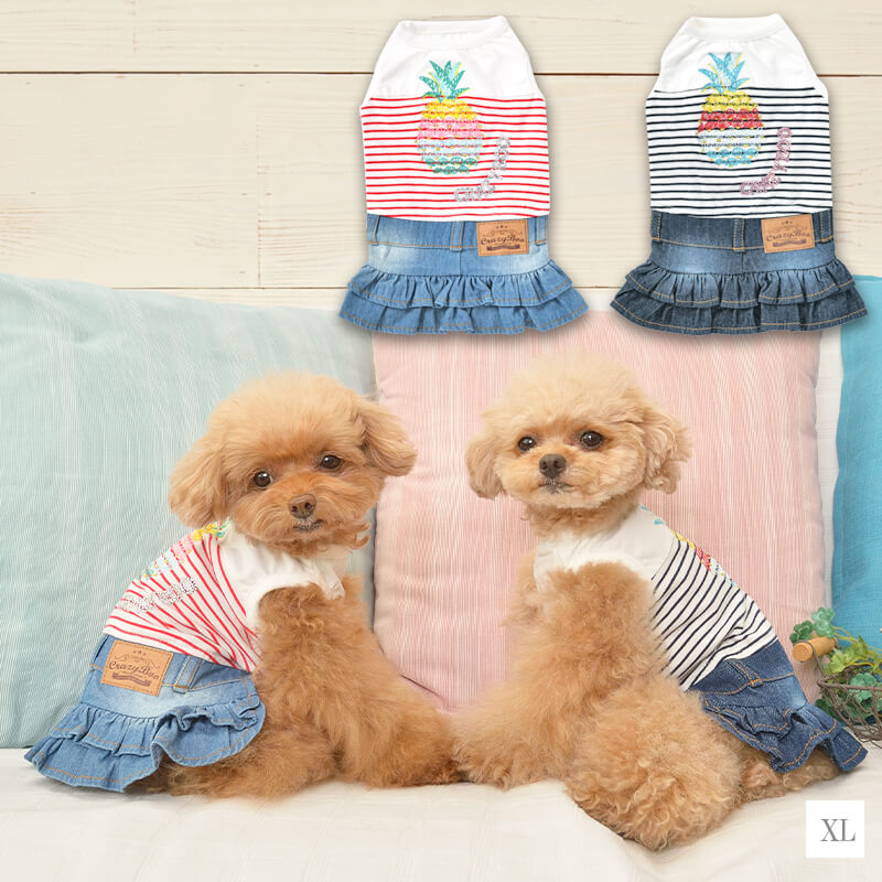 パイン刺繍デニムワンピ XL CRAZYBOO -クレイジーブー- 犬服 ドッグウェア トイプードル チワワ ポメラニアン CB22SSのサムネイル