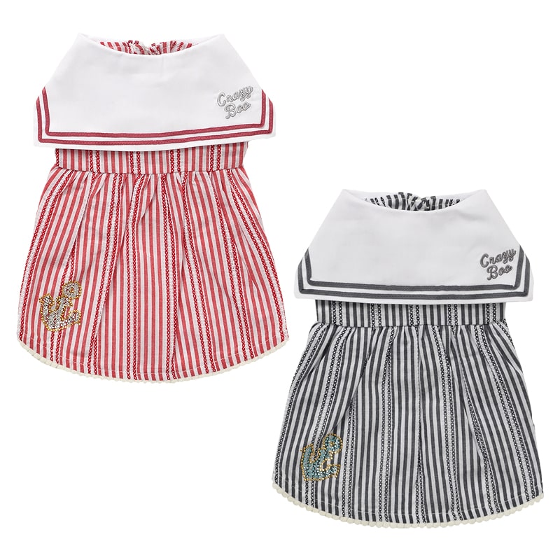 ストライプセーラー ワンピース XS/S/M/L/XLサイズ CRAZYBOO/クレイジーブー レッド/グレー 小型犬/チワワ/ヨーキー/シーズー/マルチーズ/プードル 犬服/犬の服/ドッグウェア 春夏コレクション 2
