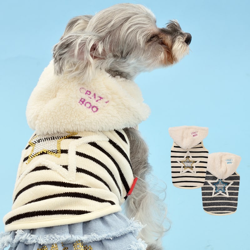 CRAZYBOO / クレイジーブースター柄ボーダー パーカXL / XXL / DS / DMサイズオフホワイト / グレー犬服 / 犬の服 / ドッグウェアあったか 秋冬コレクション小型犬のサムネイル