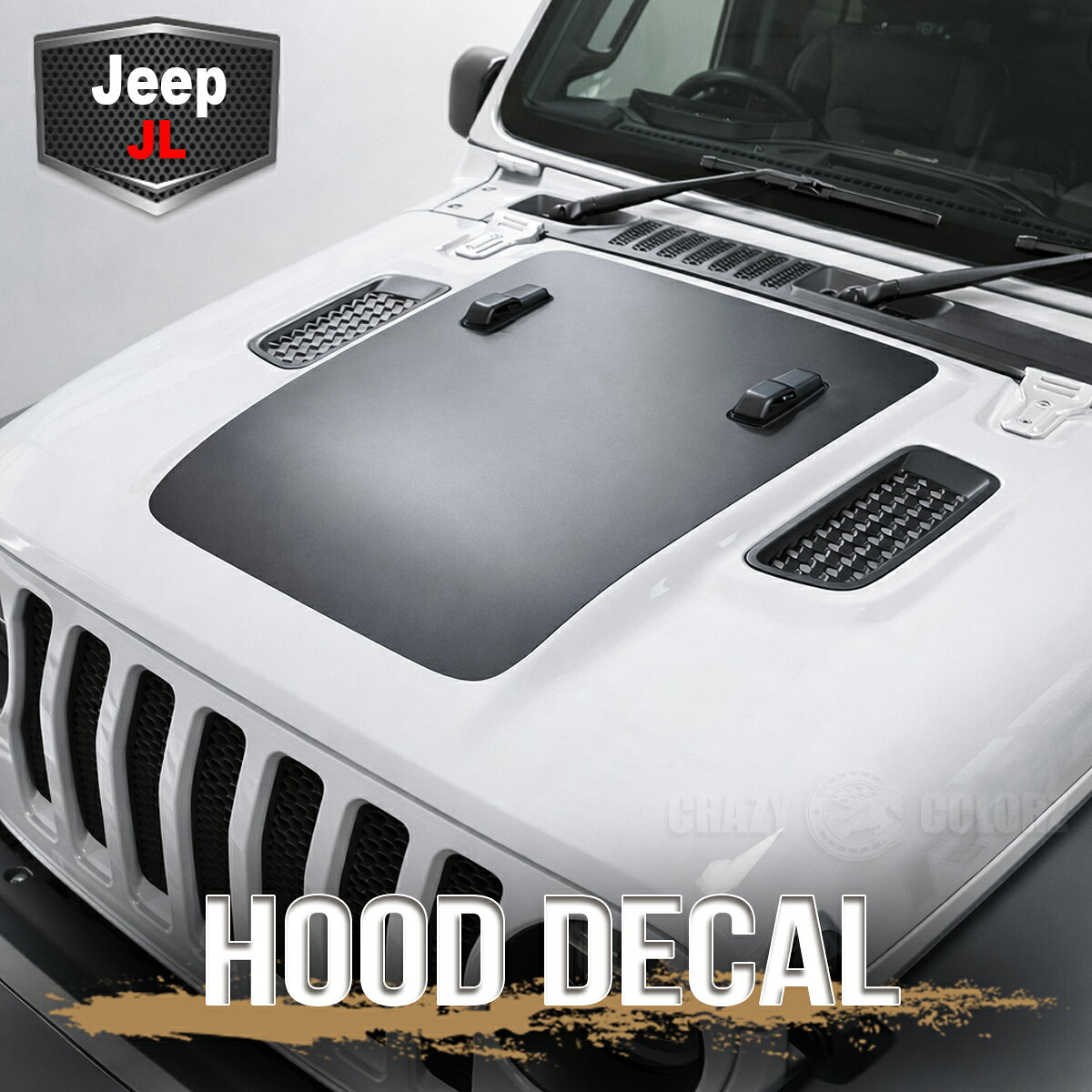 【Jeep Wrangler JL ボンネットフードデカール】2018-2026 ルビコン / スポーツ / サハラ対応 フード形状別選択式 3Mフィルム使用 説明書付き 反射防止 ドレスアップ デカール エンジンフード