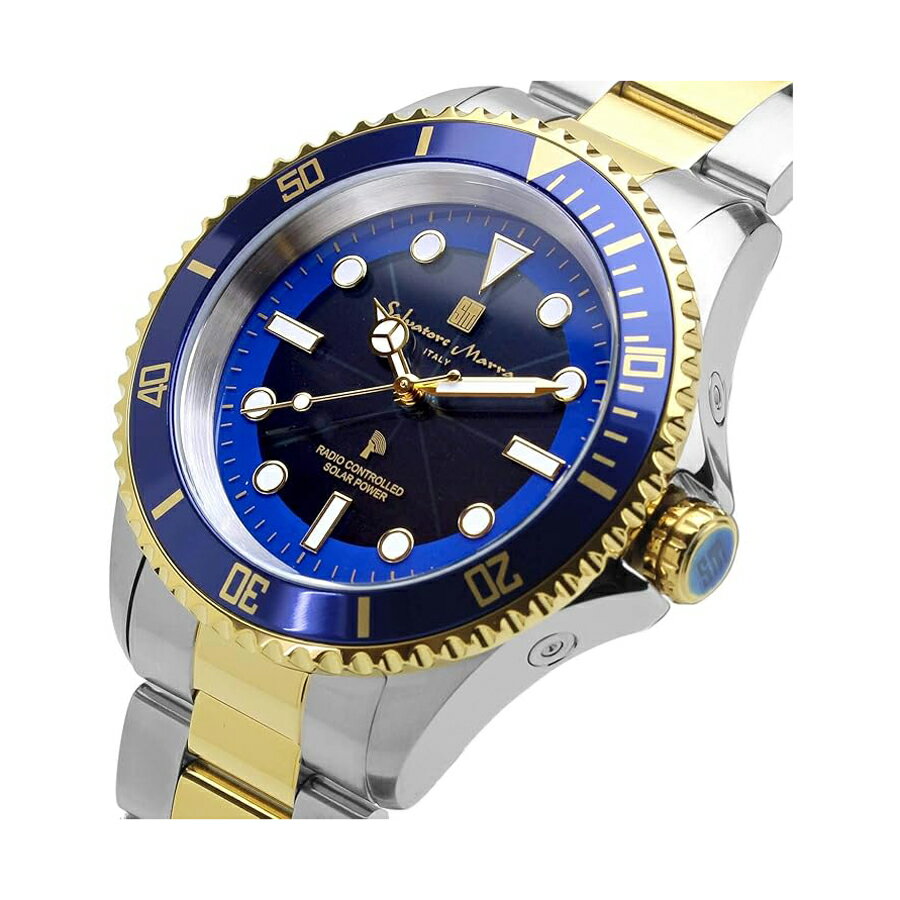 [Salvatore Marra] サルバトーレマーラ 腕時計 SM22110-SSBLGD ＜ メンズ シルバー×ゴールド ブルー 電波ソーラー 逆回転防止ベゼル 10気圧防水 ＞