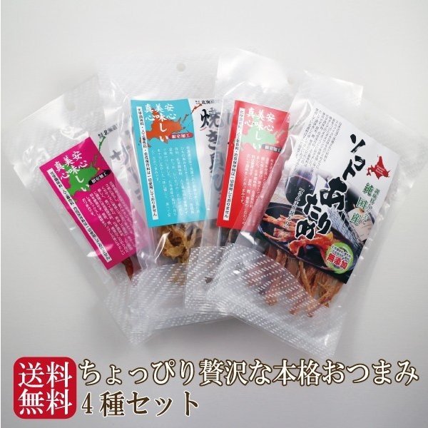 おつまみ 珍味 北海道 厳選 おつまみ4種セット ホタテ貝ひも あたりめ 鮭とば 送料無料 ポイント消化 小袋 詰合せ 無添加 ギフト プレゼント お酒のおつまみ 個包装 プチギフト メール便 ギフト