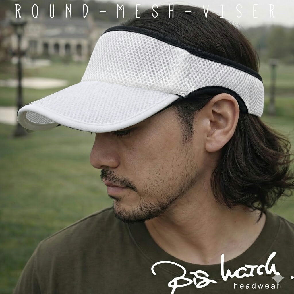 大きいサイズ 無地 ラウンド メッシュ サンバイザー ビッグワッチ BIGWATCH ホワイト 白 帽子 スポーツ ダメージ加工無し SBMG-03R 春 夏 秋 UVケア