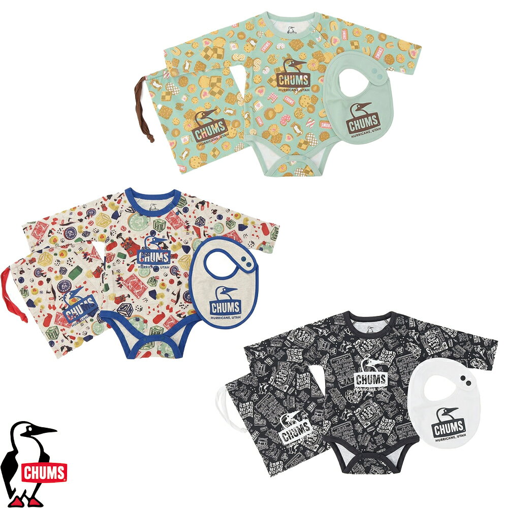 チャムス CHUMS正規品 ベビーパターンドロングスリーブギフトセット(ベビー|ロンパース|スタイ) 70サイズ 80サイズ スナップボタン 赤ちゃん コットン...