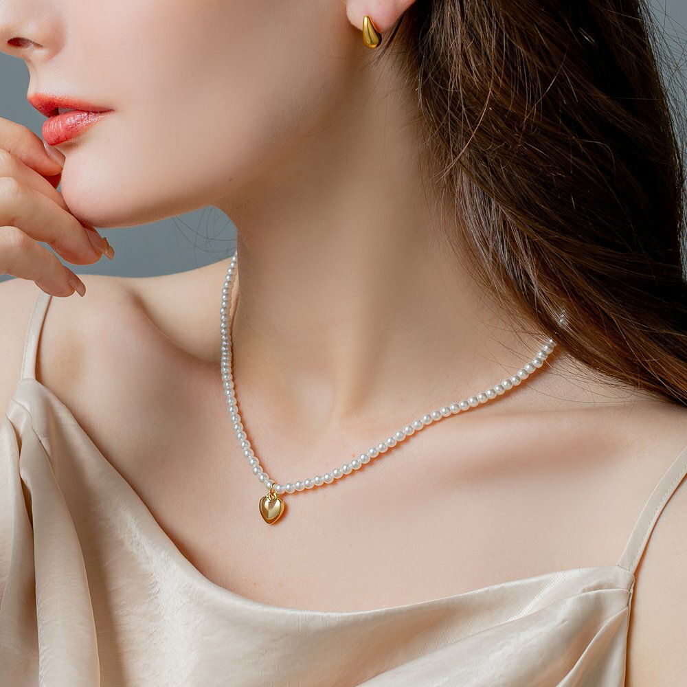 【ゆうパケット送料無料】 ネックレス 金属アレルギー ニッケルフリー 18kコーティング レディース ショート チェーン パール ハート ぷっくり メタル パールネックレス 小粒 大人 ゴールド シルバー ピンクゴールド