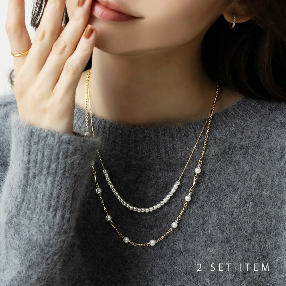 【全品送料無料×P最大47倍!】 2点セット ネックレス 金属アレルギー ニッケルフリー 18kコーティング レディース ショート チェーン パール 小粒 3w...