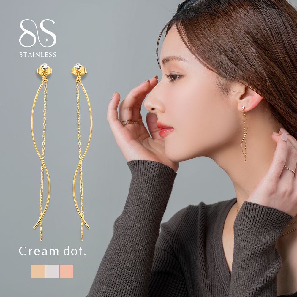 樂天商城 - 最大30%OFF×全品送料無料！【サージカルステンレス】ステンレス製 ピアス 金属アレルギー対応 つけっぱなし レディース チェーン メタルバー ウェーブ ビジュー ロング 揺れる ゴールド シルバー ピンクゴールド