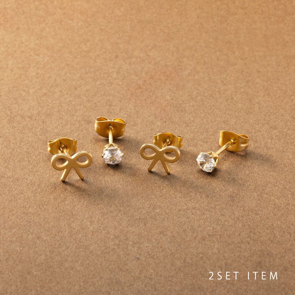 【全品送料無料×P最大47倍!】 2点セット ステンレス製 ピアス 一粒ピアス 金属アレルギー つけっぱなし サージカルステンレス レディース リボン ビジュー...