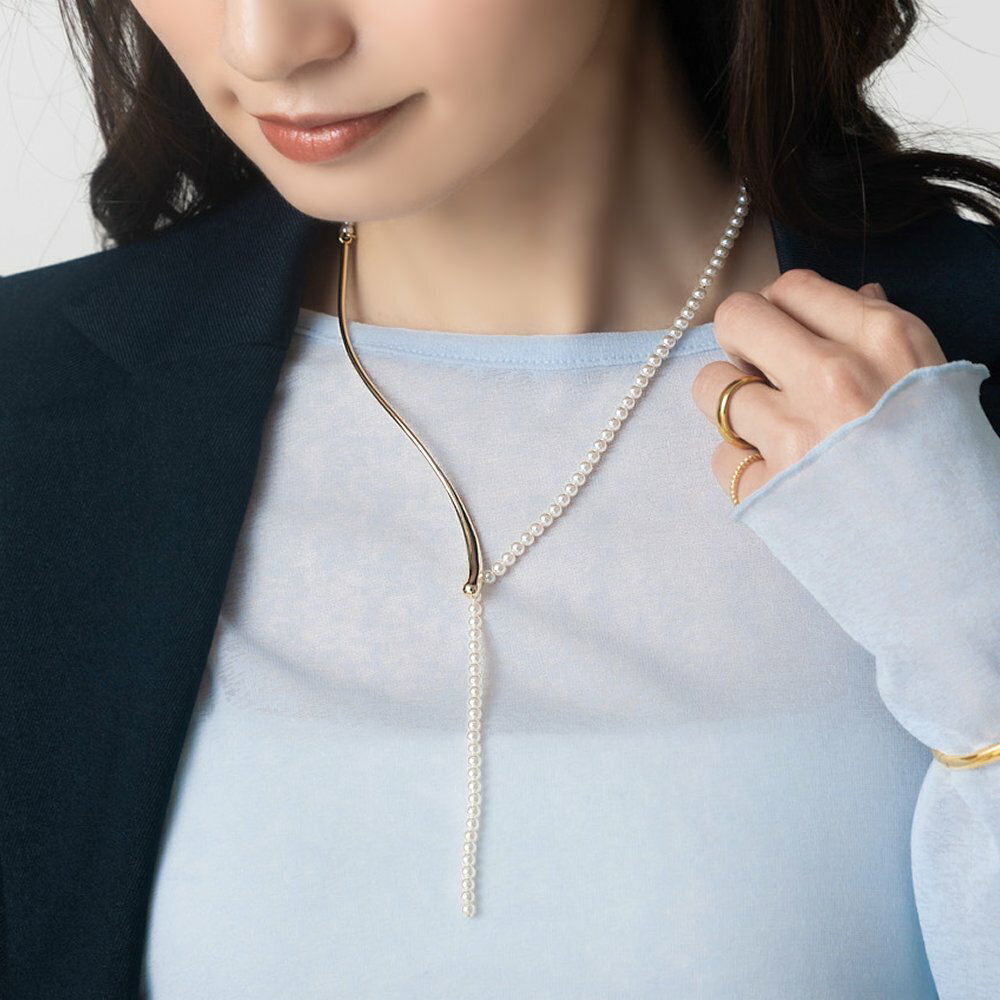 【ゆうパケット送料無料】 ネックレス レディース ショート チェーン Y字ネックレス パール メタル ライン 艶 パーティー 結婚式 二次..