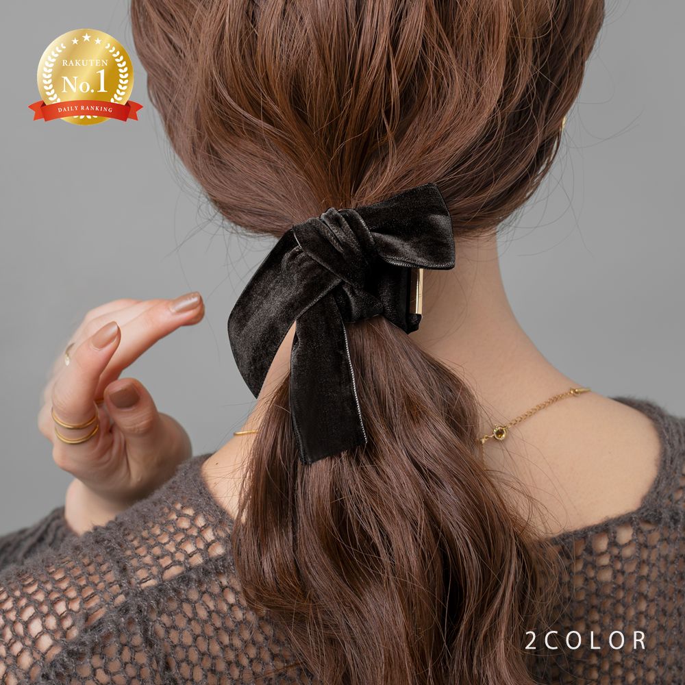 楽天ランキング1位!【全品送料無料×P最大47倍!】 クラップカフ ベロア リボン アシンメトリー 光沢感 ベルベット ポニーフック ヘアゴム ロールカフ ワンタッチ ヘアアクセサリー 髪留め まとめ髪 大人 ブラック ベージュ ゴールド