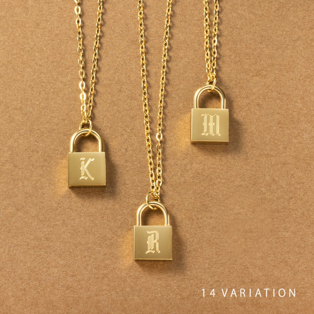 【ゆうパケットOK】 ステンレス製 ネックレス 金属アレルギー つけっぱなし サージカルステンレス レディース パドロック 南京錠 鍵 刻印 イニシャル アルフ...
