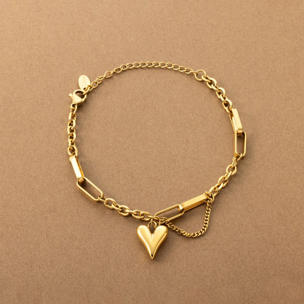 【ゆうパケット送料無料】 ステンレス製 ブレスレット 金属アレルギー つけっぱなし サージカルステンレス レディース ぷっくり ハート MIXチェーン メタル ボリューム感 カジュアル 大人 ゴールド シルバー