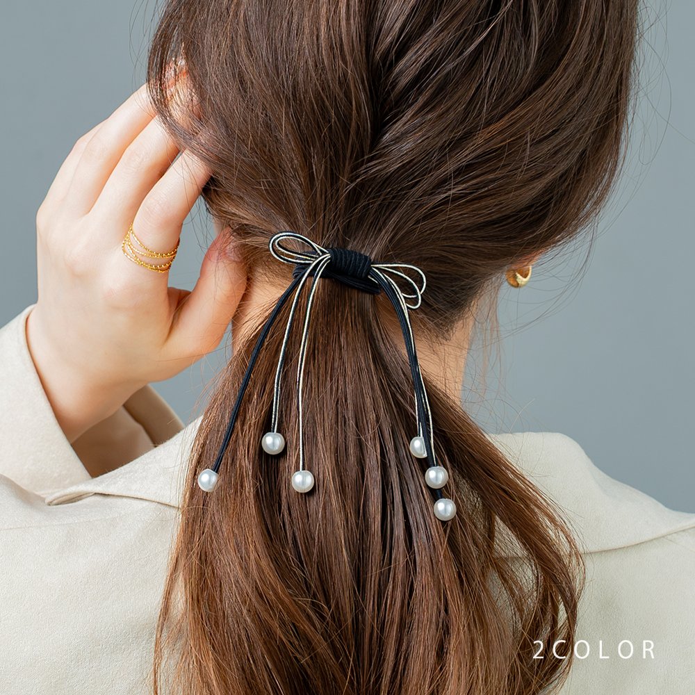 【ゆうパケットOK】 ヘアゴム パール リボン ラメ 揺れる 艶 ヘアアクセ ヘアアレンジ 簡単 まとめ髪 髪留め パール リボン 大人 上品 ブラック ネイビー outletのサムネイル