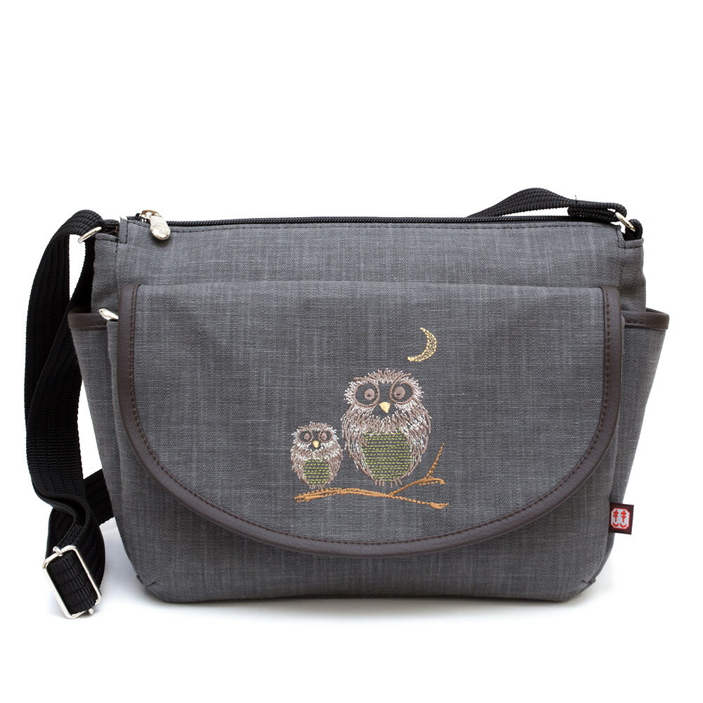 ショルダーバッグ レディース 斜めがけ 肩掛け 軽い 軽量日本製 墨 備長炭染め 帆布バッグ 鞄 京都 旅行バッグ ふくろう柄 刺繍 たっぷり フラップショルダー グレー 無地 布 母の日 誕生日 母親 プレゼント[クレアーレきき]AS-17sf