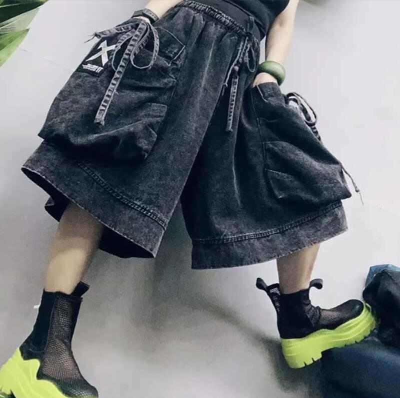 2025 新作 レディース デニム パンツ 半パン 夏 ゆったり サブカル系 服 レディース半ズボン 膝丈 デニムパンツ ゆったりパンツ ウエストゴム ゆったりデニム おしゃれパンツ 五分丈 薄手 カジュアル ボトムス 大きいポケット ウエストゴム M L XL 2XL