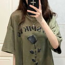 2025 新作 レディース Tシャツ トップス 春夏 ゆったり 英文字 薔薇柄 大きいサイズ 半袖 春 夏 ゆったりtシャツレディース ティーシャツ tシャツ ...